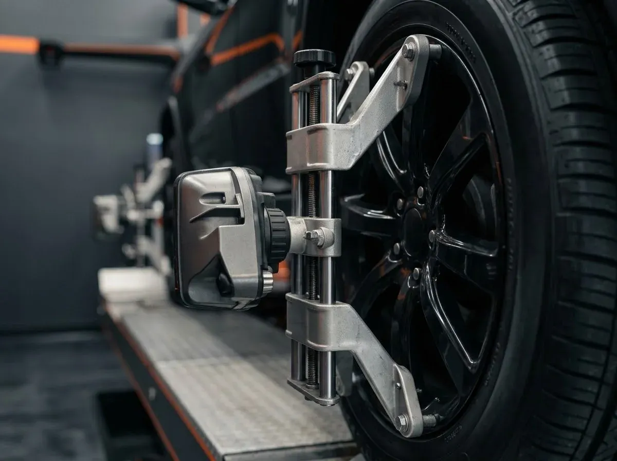 Close-up of an alignment sensor head mounted on a wheel