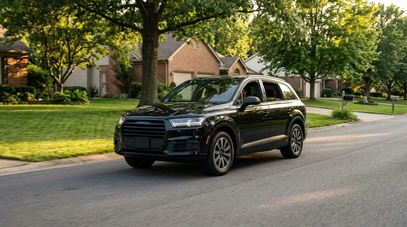 Family SUV driving through a suburban neighborhood in the Katy, TX area