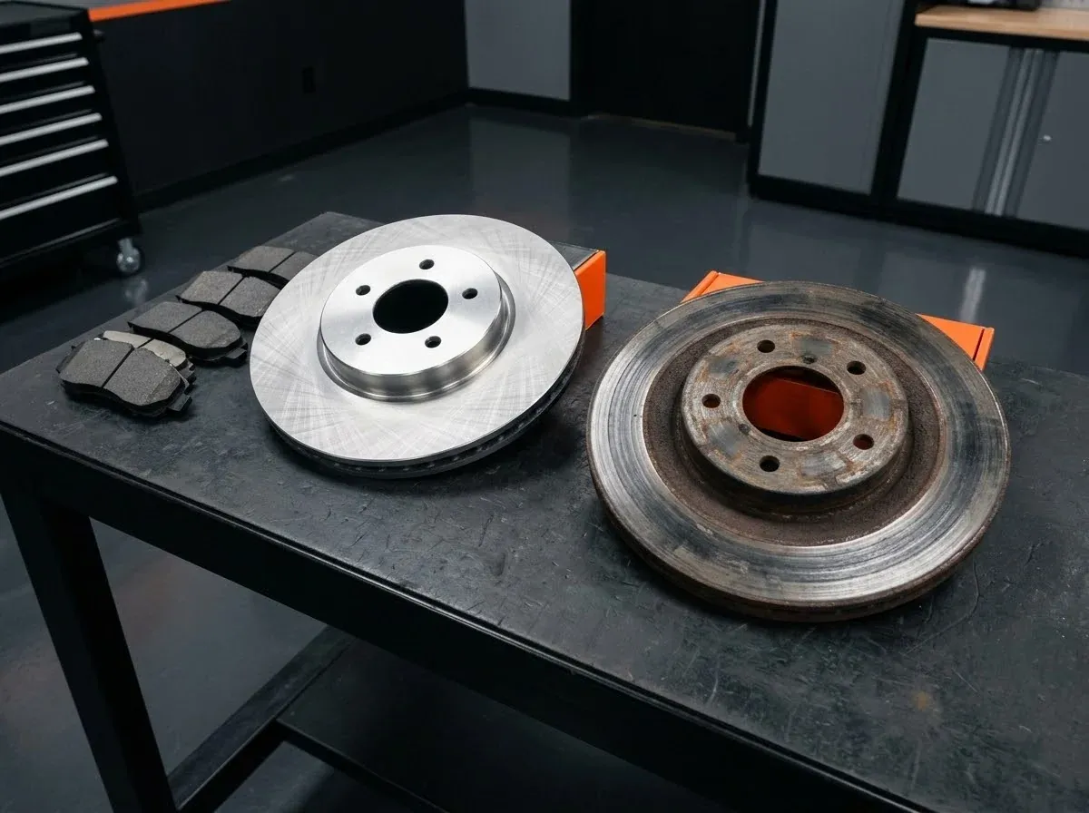 New brake pads and rotors laid out on a workbench