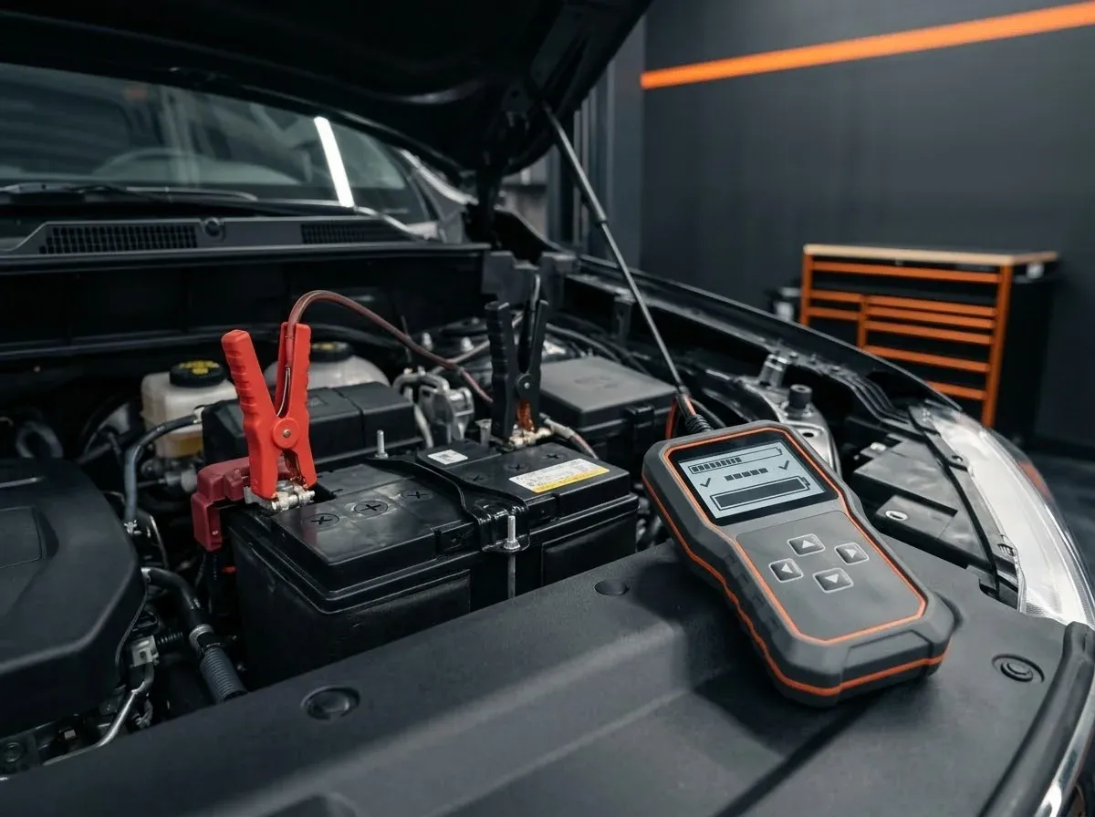 Battery tester connected to a car battery