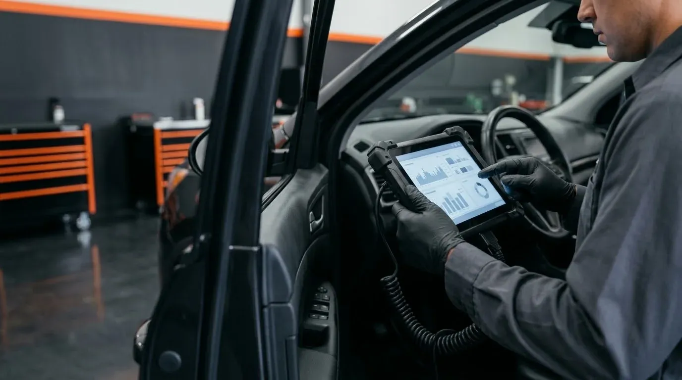 Technician using a diagnostic scan tool connected to a vehicle