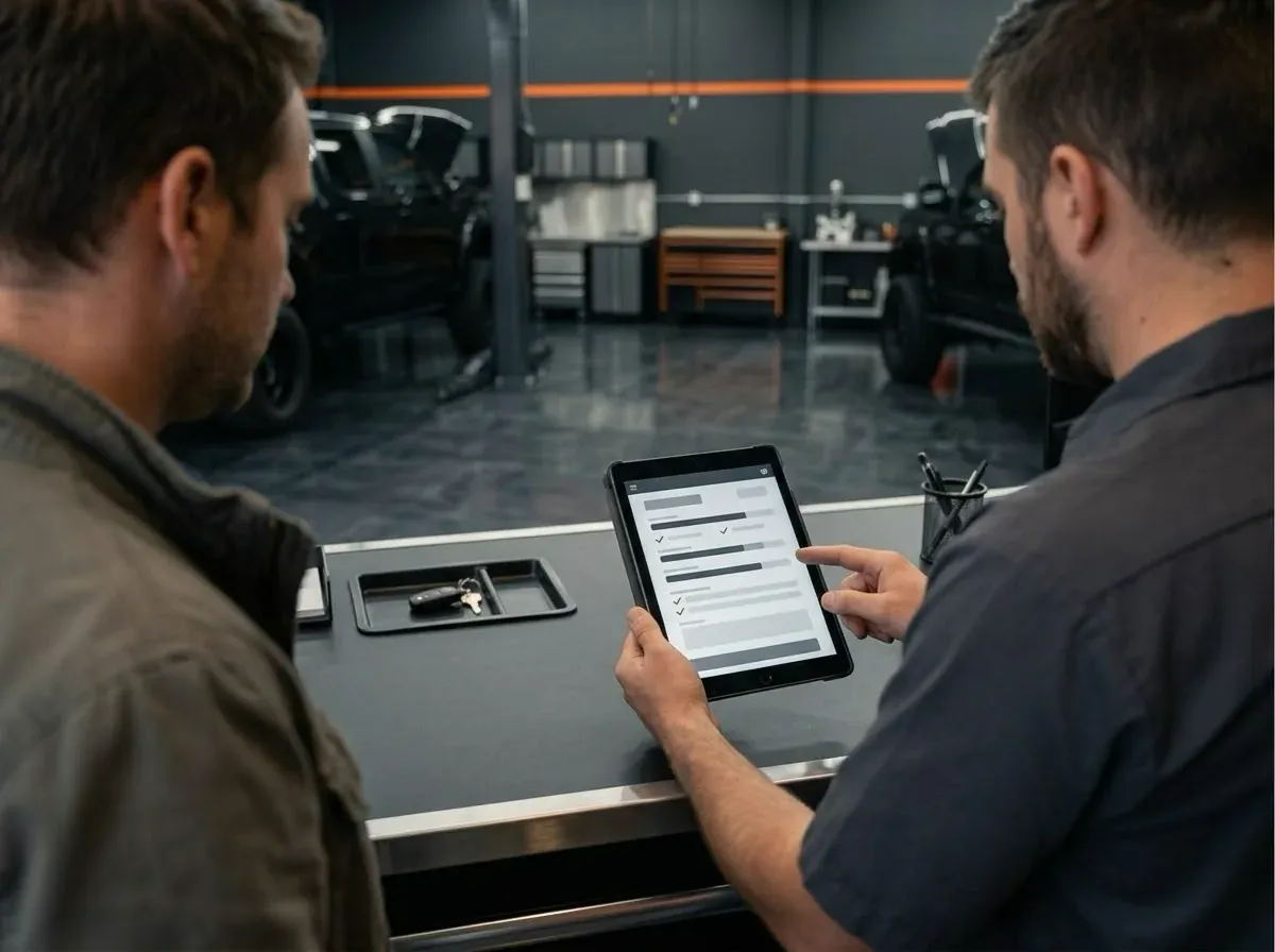 Mechanic explaining a vehicle inspection to a customer at the shop counter
