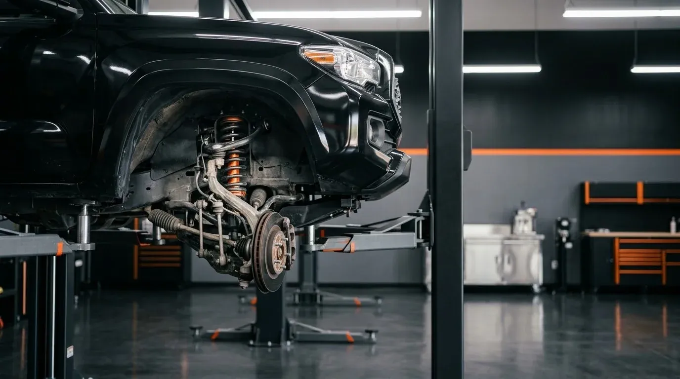 Lifted pickup truck on a lift with new suspension components installed